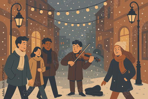 Playing light musician people lanterns festive passing street vector violin serenade rhythm