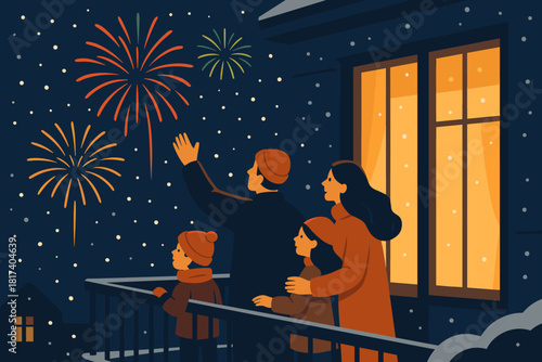Festive fireworks night light s golden to vector inside family balcony illustration