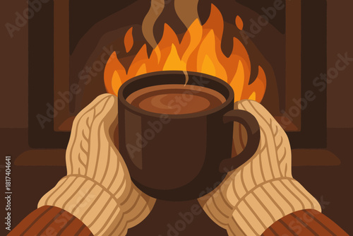 Fireplace cozy winter wrapped vector blurred illustration mood moment creating wool cocoa