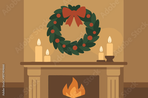 Above christmas indoor homely light candles wreath vector scene illustration cozy