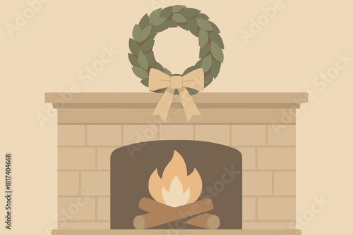 Illustration fireplace mantel vector burning ribbon peace logs wreath serene holiday tones