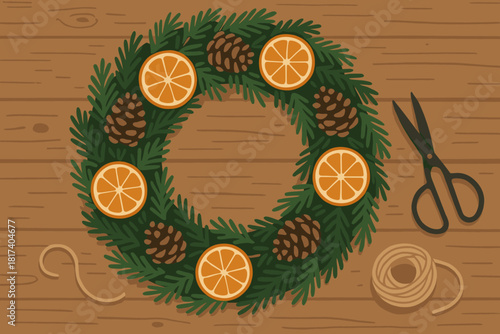 Fir scissors mood vector dried creating cozy table wreath crafting christmas illustration