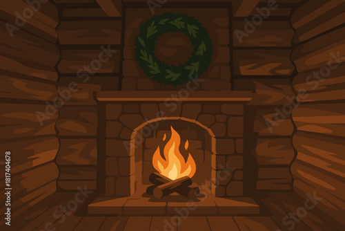 Above cozy quiet fir logs fireplace soft vector rustic illustration evening cabin