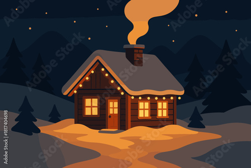 Glowing mountain string snow haven cabin chimney cozy illustration soft rising lights