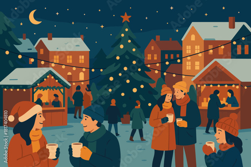 Evening market festive vector cocoa starry square bustle illustration joyful calm