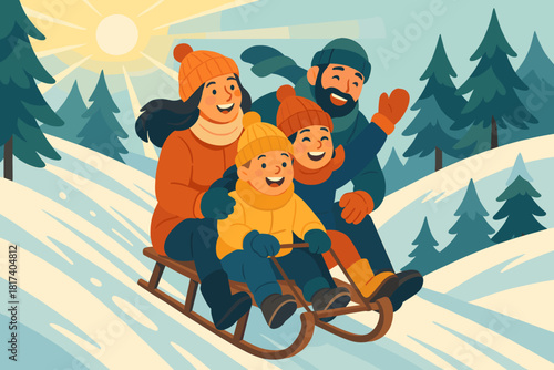 Red pines surrounded fun vector cold down illustration sledding energy from family