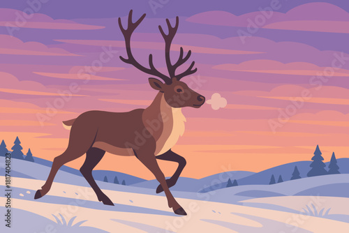 Snowy air simple field illustration cold peace reindeer motion twilight vector breath