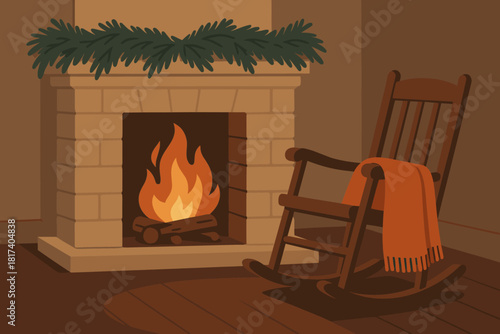 Illustration scene hearth holiday pine rocking blanket cozy quiet chair fireplace vector