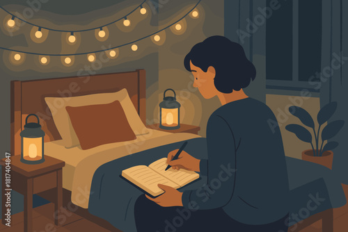 Vector cozy illustration quiet writing reflections garlands person year new gentle focus