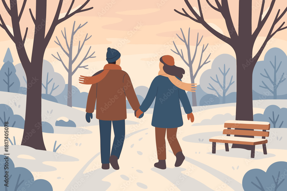 Fototapeta premium Illuminating cold through park stroll illustration winter breeze couple vector scarves hand