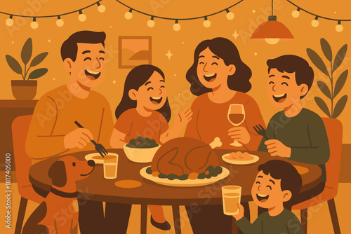 Comfort joyful table sitting family home light watching illustration vector dinner festive