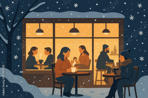 Motion cozy enjoying glowing caf outside vector frosted people illustration through snowfall