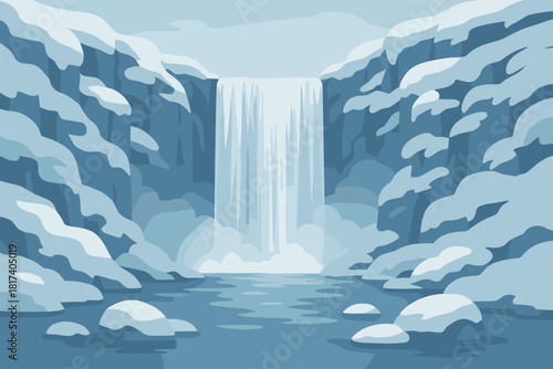 Veil composition waterfall forming vector winter power subtle frozen cliffs illustration balanced