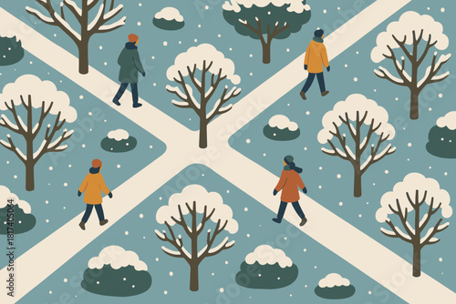 Intersecting vector small landscape patterns figures winter moving peacefully geometric illustration park
