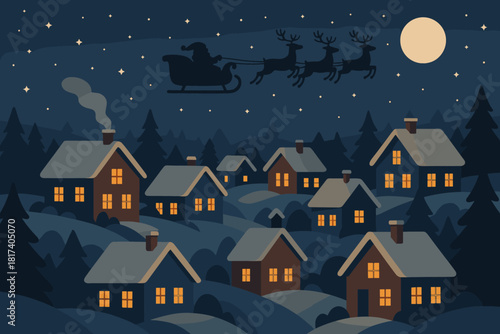 Cozy quietly wonder vector above village overhead santa from spreading illustration s