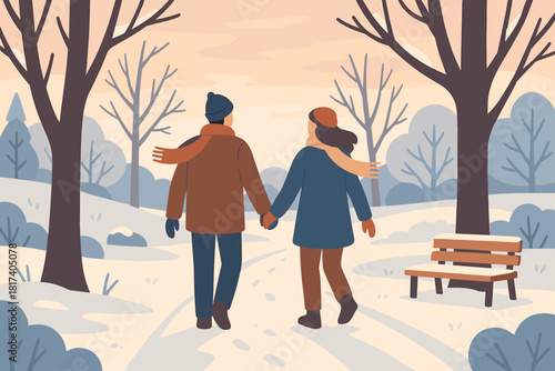 Illuminating cold through park stroll illustration winter breeze couple vector scarves hand