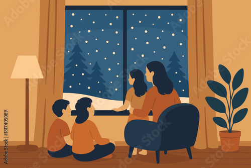 Moments gathered cool vector snow feeling tones soft family illustration lighting dreamy