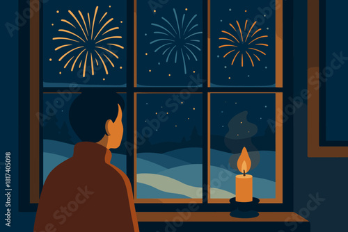 Fireworks year glass illustration vector reflecting sky outside gazing new dreams under