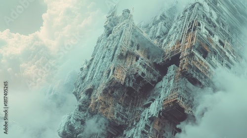Massive icy structure rises into the clouds, formed of decaying sci-fi architecture. Weathered details and intricate forms blend with fog and sky in pale green tones. Generative AI