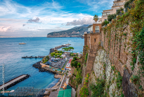 Breathtaking view of Sorrento from Villa Comunale di Sorrento. Sorrento is a town located on the Sorrentine Peninsula, overlooking the Bay of Naples in Southern Italy.
