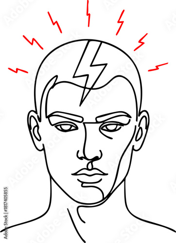 Headache and stress illustration of a person with a lightning bolt on their head, depicted with continuous line drawing.