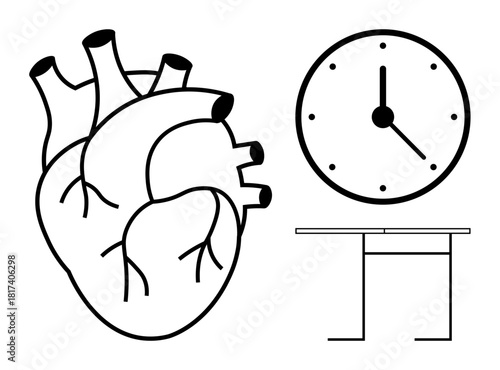 Anatomical heart next to a clock and table emphasizing health, time management, urgency, mortality, productivity, life balance, and awareness of priorities. Simple flat metaphor