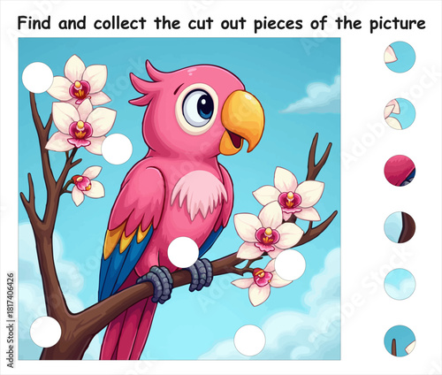 Vector child logic game find and collect 
cut out pieces of picture. Complete all
fragments. Children drawing of cartoon macaw parrot
sitting on branch on background of blue sky and clouds. 