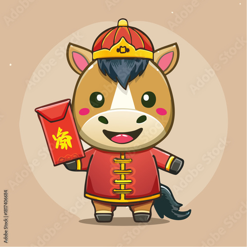 Cheerful Cartoon Horse Celebrating Lunar New Year with a Red Envelope, Chibi Style