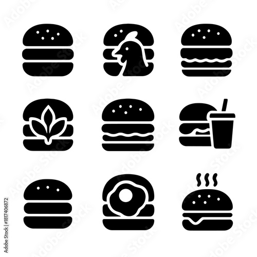 Icons of classic, chicken, veggie burgers with drinks and toppings
