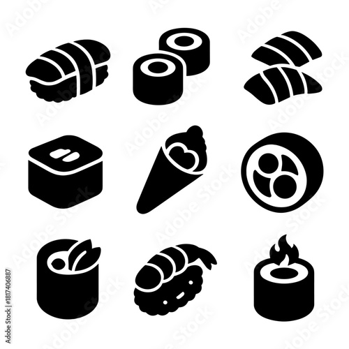 Sushi icons set: nigiri, maki, temaki, and more in minimalist style