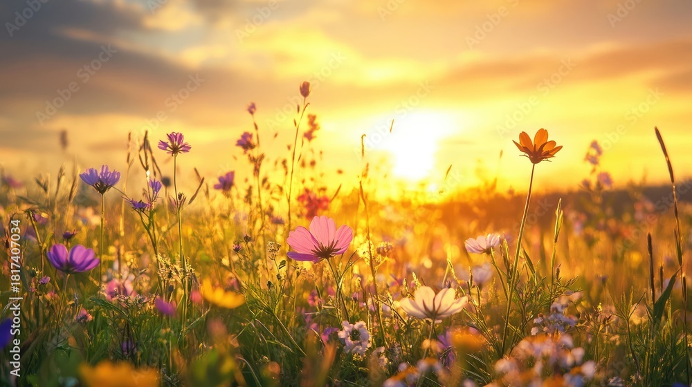 Fototapeta premium Wildflower meadow in full bloom with multicolored flowers under a golden sunset sky, trees in background, long grass covering the field. Generative by AI