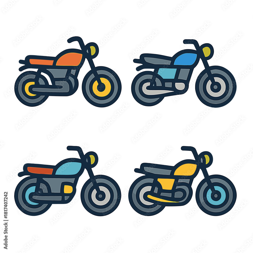 Fototapeta premium Colorful motorcycle icons on dark background for creative design projects