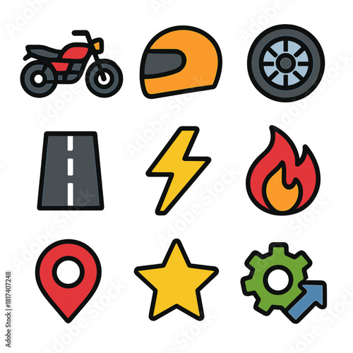Colorful motorcycle icons set featuring helmet, wheel, and road elements