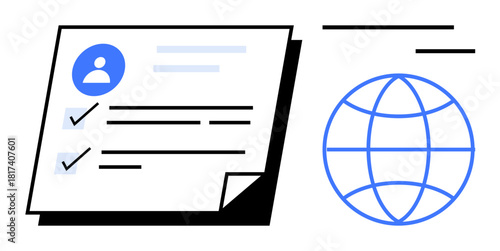 User profile document with checklist, abstract globe symbolizing global reach and connection. Ideal for networking, analytics, planning, globalization, productivity, technology communication. Simple