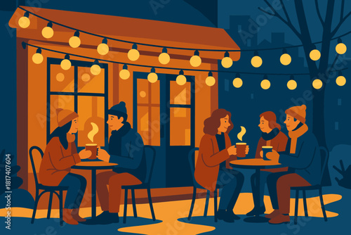 Hanging cocoa café street caf warm winter people evening illustration drinking vector
