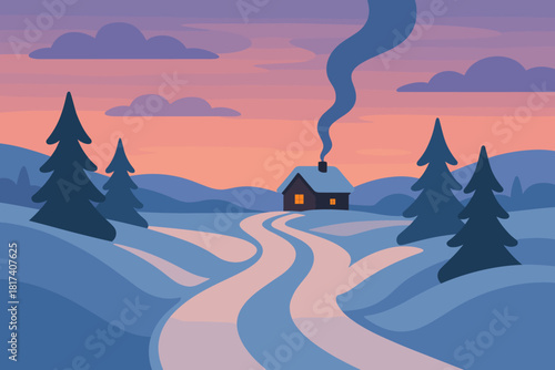 Snowy cabin soft illustration perfectly blending warm cool path smoke colors vector