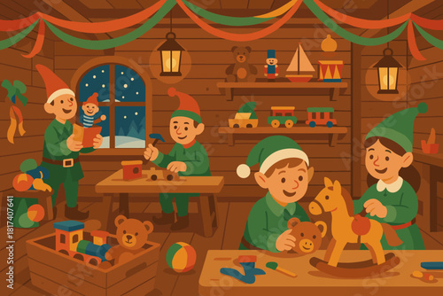 Ribbons illustration s filled cozy busy vector colorful santa elves snow toys