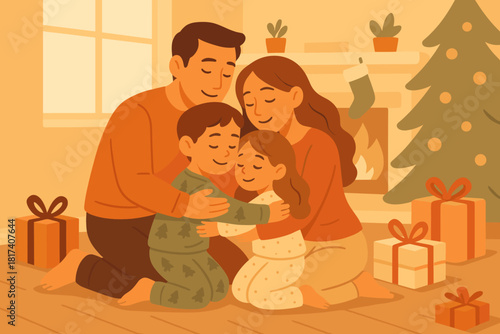 Near vector light warm family morning air gentle hugging illustration warmth fireplace
