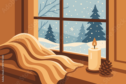 Snow cone retreat pine interior cozy vector blanket windowsill beside winter draped