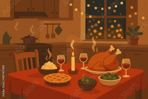 Vector intimate illuminating softly feast kitchen winter cloth golden illustration