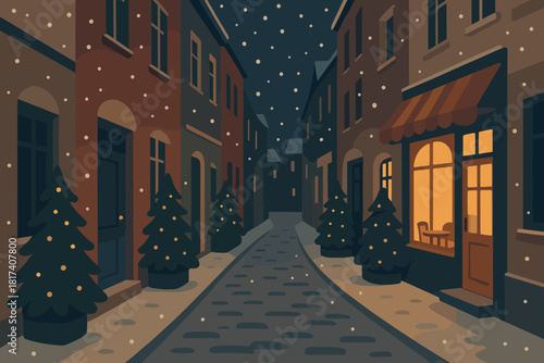 Illustration small trees dreamy creating winter café holiday christmas doorways vector alley