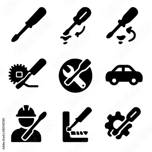 Collection of black silhouette tools and icons for repair and maintenance