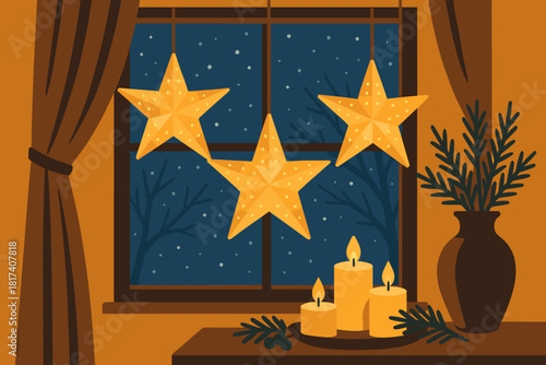 Hanging celebration lantern interior outside glowing illustration vector sky window star blending