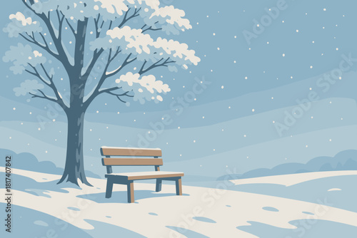 Around atmosphere scene bench vector wooden under gentle snowy solitude peaceful tree