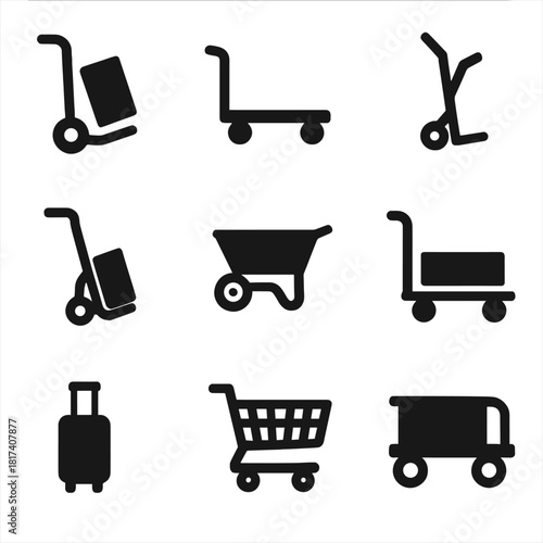 Black silhouette icons of hand trucks, shopping carts, and luggage