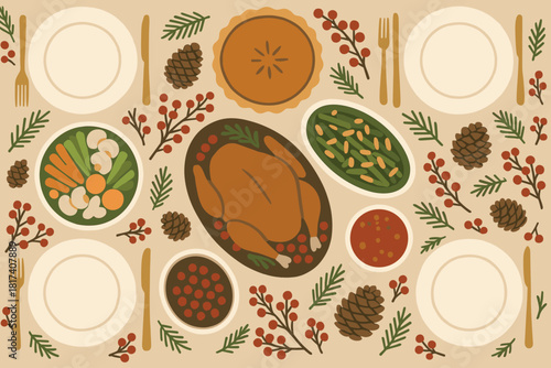 Arranged illustration from festive elegant cones vector table pine berries dinner symmetrically