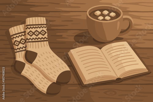 Cozy illustration cocoa winter rustic pair calm essentials open wool book vector