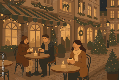 Luxury charm lights caf string café drinks vector illustration festive calm terrace