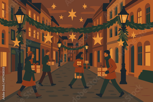Lampposts anticipation illustration holiday ambiance city pine stroll festive vector stars gifts