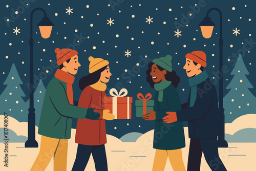 Outdoor illustration scene gifts vector under smiles gift exchange friendship reflected snowy